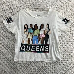 On Fire Tee T-Shirt‎  Women's Sz XL Queens Graphic Crop Top Fashion Cre Neck